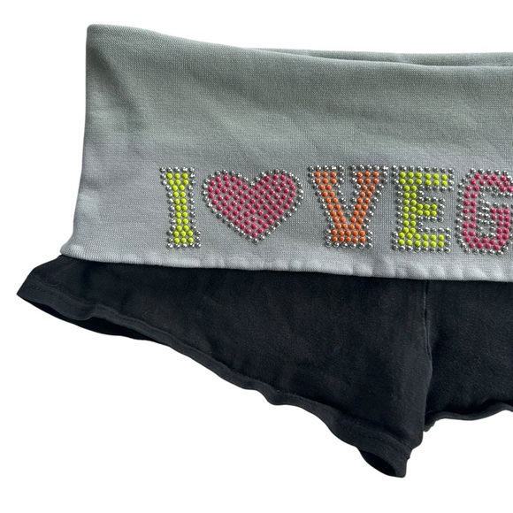 Y2K Low Rise Micro Fold Over Micro Shorts Rhinestone Size M I Love Vegas - Picture 2 of 9